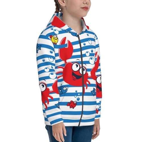 Red Funny Crab on Blue Stripe Kid Hoodies Boys Zip Up Sweatshirts Girls Pullover with Pocket4