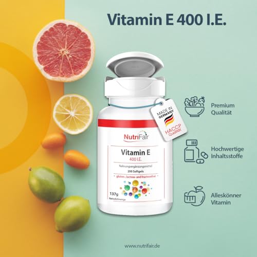 Vitamin E 400 I.E. - mit 268mg Vitamin E pro Softgel - 200 Softgels - Hochdosiert - Deutsche Produktion & Laborprüfung - NutriFair | Premium & Fair – Bild 3