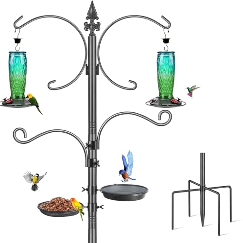 Bird Feeding Station, 76 Inch Heavy Duty Bird Feeder Pole Stand for Outdoors Hanging Outside Wild Birdfeeder with 4 Hook, Birds Bath, Mesh Tray, 1 Pack