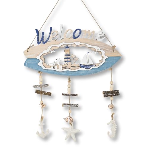 damaloo Welcome cartello marittimo da appendere, cartello di benvenuto in legno con faro, barca a vela, conchiglia, decorazione marittima, targa per porta corridoio, stile costiero, decorazione per
