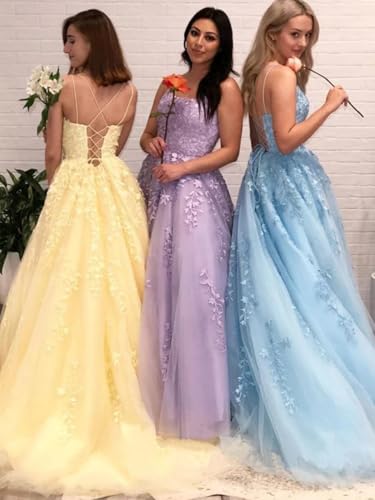Women's Lace Appliques Prom Dresses Long Spaghetti Strap Ball Gowns Tulle Formal Dress for Party3