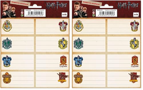 Etiquetas adhesivas Harry Potter escudos - Pegatinas libro nombres/Pack etiquetas escolares - Papeleria Harry Potter - Vuelta al cole material escolar - Producto con licencia oficial (Paquete de 2)