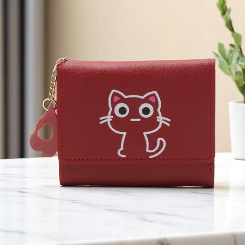 1Pcs Money Wallet 3-Fold Cat Cartoon Wallet PU Leather Burgundy 11x9cm