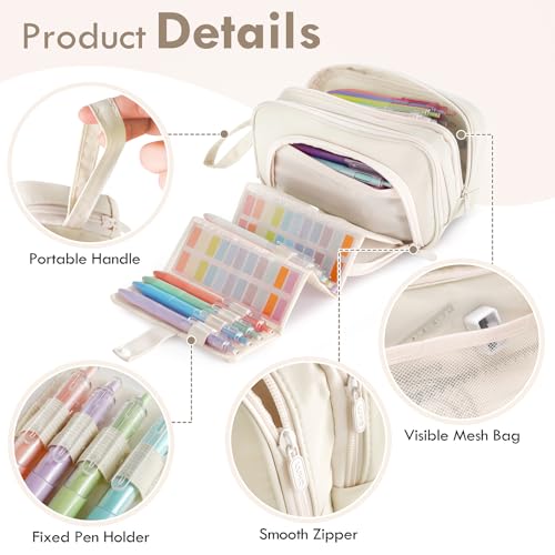 Image of Large Capacity Pencil Case with Pull-out Structure - Multifunctional Extra Big Pencil Pouch Pen bag, Portable Stationery Organizer with Zipper, Office School Supplies for Boys Girls, White