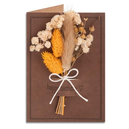 Tarjeta de cumpleaños, regalo de dinero, tarjeta de cumpleaños con texto 'Happy Birthday', incluye flores secas y cinta de yute, tarjeta de cumpleaños para mujer, tarjeta de cumpleaños para hombre