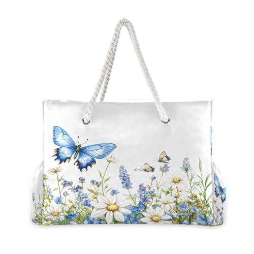 Beach Bag - Large Tote Bags for Women Blue Butterfly Flowers Shoulder Bags Zipper Waterproof Sandproof for Travel Gym Swim Daily2