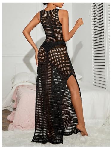Verdusa Womens Crochet Dress Cover Ups Hollow Out Sleeveless Beach Split Knit Maxi Dresses2