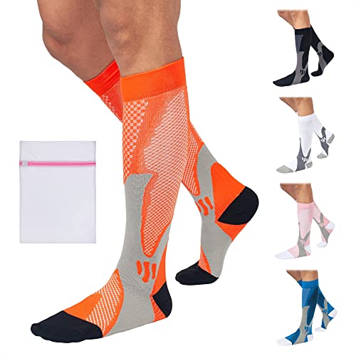 360 RELIEF Copper Compression Socks - Women & Men Graduated Athletic Fit for Running, Nurses, Shin Splint, Flight Travel, Maternity, Pregnancy | S/M, Orange with Mesh Laundry Bag