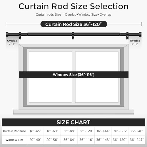 Curtain Rods for Windows 66 to 120 Inch(5.5-10 Feet),Black 1'' Diameter Drapery Rods with End Cap Style Design,Modern Adjustable Heavy Duty Curtain Rod,Size:36''-120''