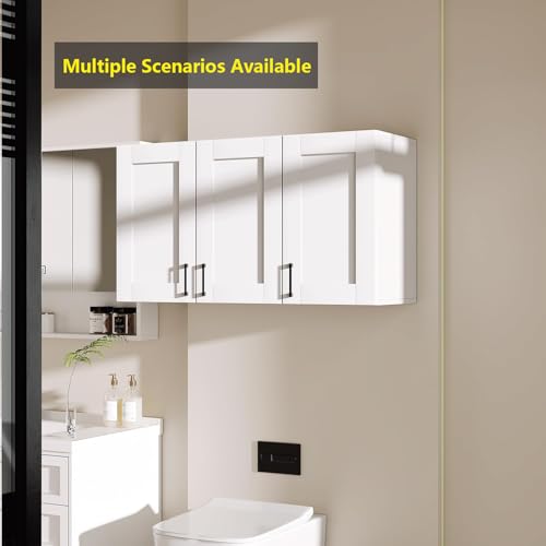 Image of White Laundry Room Cabinets and Storage with 3 Doors and Utility Adjustable Shelf,Gabinetes Para Cocina Cupboard Kitchen Organizers and Storage Pantry Wall Mounted 12.4 inchD x 35.4 inchW x 19.7 inchH