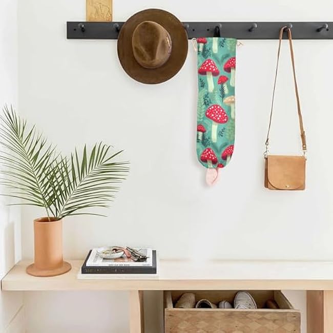 Mushroom Cartoon Leaves Plants Reusable Plastic Bag Holder for Kitchen Wall Mount Grocery Bag Organizer Dispenser with Drawstring Trash Bag Dispenser for Camping Closet Bedroom Home