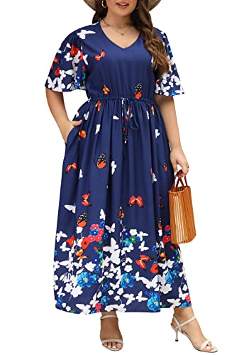 Image of Nemidor Womens Plus Size Maxi Dress Summer Boho Sundress Floral Print Flared Casual Long Dresses with Pocket