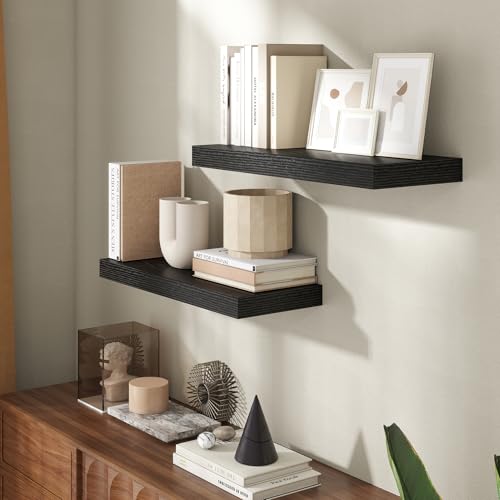 Image of 24 Inch Floating Shelves for Wall, 8 Inch Deep Floating Shelf for Storage & Display, Rustic Wall Mounted Shelf with Invisible Brackets for Living Room, Kitchen, Bathroom, Home Decor, Set of 2, Black