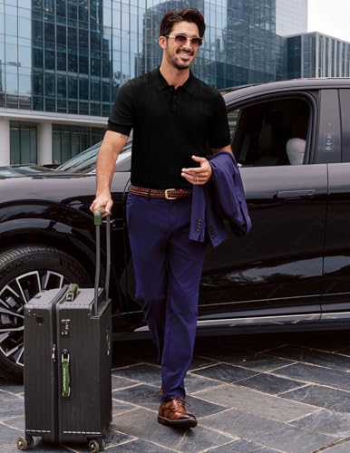 PJ PAUL JONES Men Knit Polo Shirts Short Sleeve Stretch Textured Polo Shirt Lightweight Golf Shirts T Shirt Black L