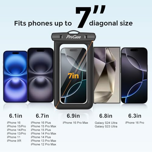 ProCase 2 Pack Floating Waterproof Phone Pouch IPX8, Universal Dry Bag Fits iPhone 17/16/15/14/13 Series, Galaxy S24/S23/S22, Pixel 8/7 (Up to 7”), Touchscreen, Underwater & Snow Protection -Black
