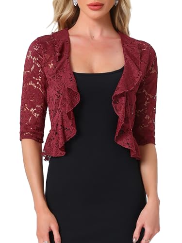 Image of Allegra K Lace Shrug for Women Bolero Tops Sheer Cardigan Open Front Half Sleeve Dressy Cover Up