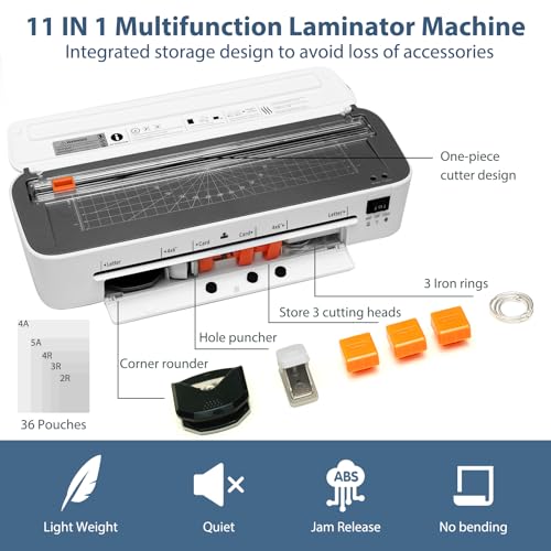 Image of Laminator Machine, 11 in 1 Laminating Never Jam Technology with 36 Laminating Sheets, 9 Inch Thermal Laminator A4 Laminating Machine Hot & Cold with Paper Trimmer for Home Office School