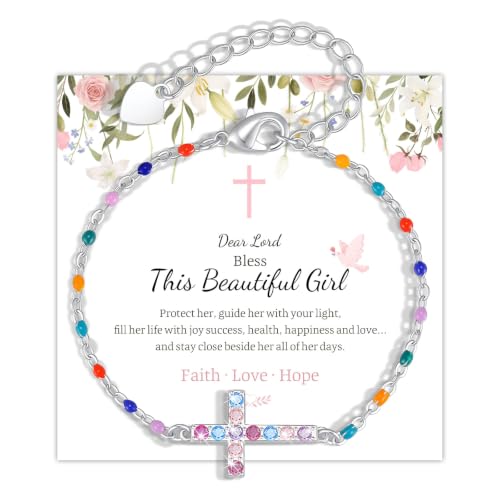 Cross Bracelet for Girls, Silver Plated Christian Jewelry, Colorful Beads - image 1