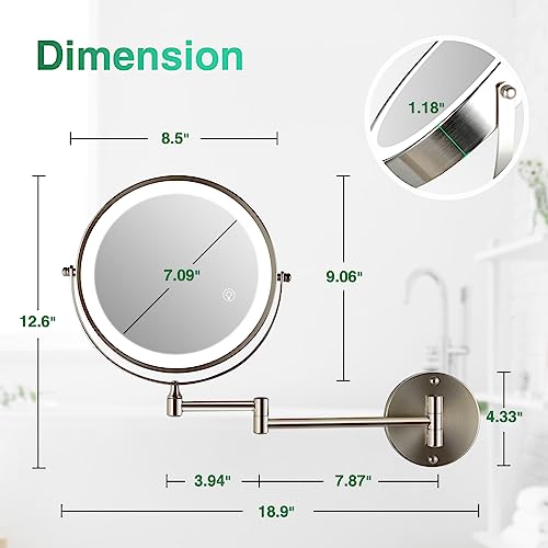 Greenfrom Rechargeable Wall Mounted Makeup Mirror Brushed Nickel thumb #5