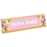 Boss Babe Sign, Female Boss Plate for Desks, Boss Lady Desk Plate, Pink Boss Babe Nameplate, Floral Name Plate for Desk, Boss Flower Desk Name Plate for Women Office Decor Gift Supply