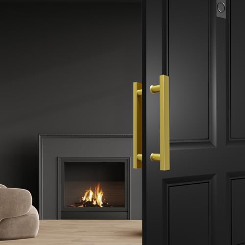 Image of 12 inch Titanium Gold Square Barn Door Pull Handle Double Sided | Heavy Duty 304 Stainless Steel, 7-7 /8 inch Hole Spacing, Fits 3 /4 inch-2 inch Thick Barn, Front Entry, Sliding & Exterior Doors