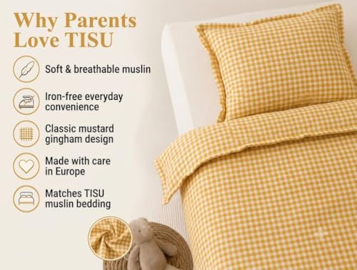 Image of TISU Toddler Crib Duvet Cover Sized 47 x 59 inch Gingham Patterned Soft Muslin Double Gauze Bedding Boy Girl Nursery Kids Sheet Bedsheets (Mustard Gingham /Toddler)