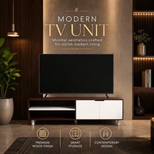 Image of GRATUS Duston Wooden TV Unit for Living Room | Free-Standing TV Cabinet with Shutters & Storage Compartments | TV Stand Table for 43-65 Inch TVs | Cable Management | Wenge Finish