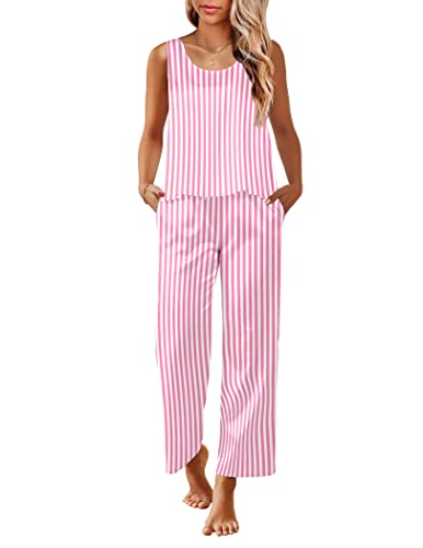 Ekouaer Women Pajamas Two Piece Pj Sets Crewneck Sleeveless Tops And Long Pj Pant Set Soft Sleepwear Pink Stripes #TOP24