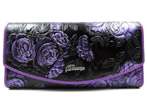 Roses Embossed Genuine Leather Trifold Wallet Purse (Purple)