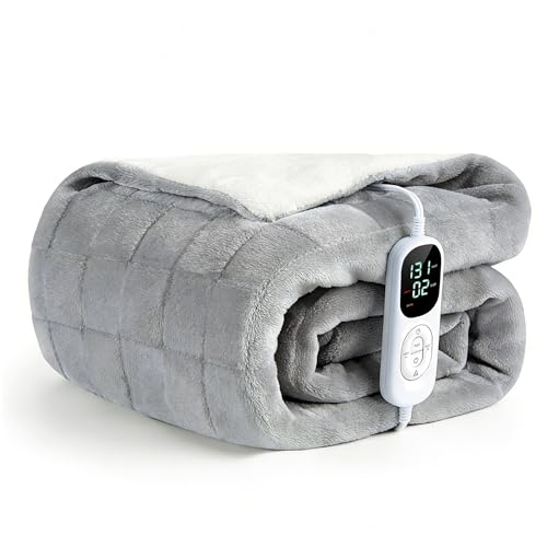 Image of IUUI Heated Blanket Electric Throw Checkered- 50x60 Inches Soft Flannel Heating Blanket,Fast Heating Blanket 6 Heating Levels & 2 Hours Auto Off ETL Certification (Silver Grey)