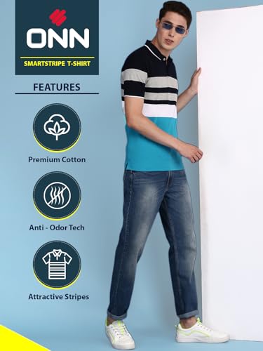 Image of ONN Men's Regular Fit Polo Neck Half Sleeve Striper T-Shirt | T-Shirt for Men