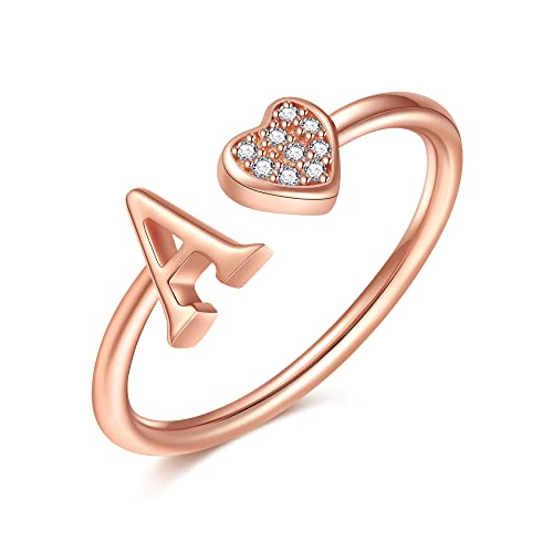 Image of Initial Rings for Teen Girls - S925 Heart Sterling Silver Rings for Teen Girls | 14K Gold /Rose Gold /Sterling Silver Plated Ring for Girls Kids Women Ring for Teenager Girls Gifts Adjustable, No Tarnish, Hypoallergenic