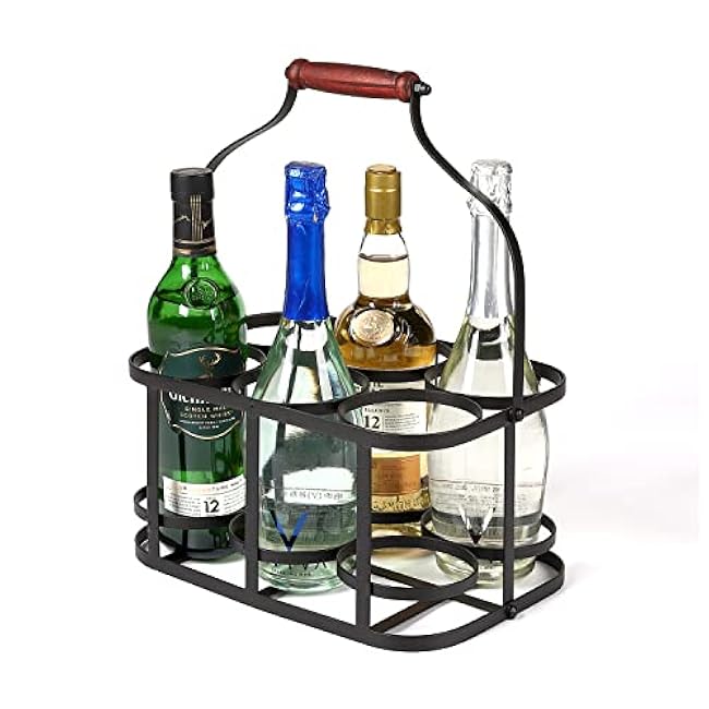 Metal Wine Bottle Carrier 6 Bottle Wine Carrier with Wood Handle Farmhouse Metal Wine Rack Basket Caddy Decorative Wine Display Stand for Wedding Bar BBQ Picnic Red White Wine Milk Storage (Black)