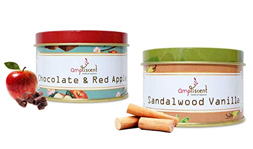 Ampliscent Scented Candles 100% Soy Wax Portable Tin Double Wick Candles for Bath Yoga with Fragrance Essential Oils for Relief and Aromatherapy - Pack of 2 (Chocolate Red Apple + Sandalwood Vanilla)