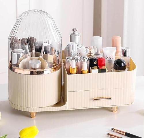 Image of SIBY ABS Plastic Cosmetic Storage Box for Women's | 360 Rotating Makeup Brush Holder for Dressing Table | Vanity Makeup Organizer Box with Transparent Cap and Drawer (Cream)