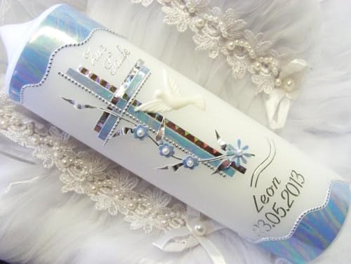 kerzenzauber-lusine Taufkerze, Kommunionkerze, Junge, Mädchen, 250 / 70 mm, VT-11 inklusive Zubehör zur Selbstbeschriftung.