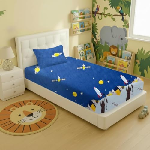 Image of Filymore Single Fitted Bedsheet with 1 Pillow Cover, Space Rocket Printed Bed Sheet for Single Bed, 240 TC Soft Microfiber Elastic Fitted Bedsheet, Mattress Size 72 x 36 Inch, Blue