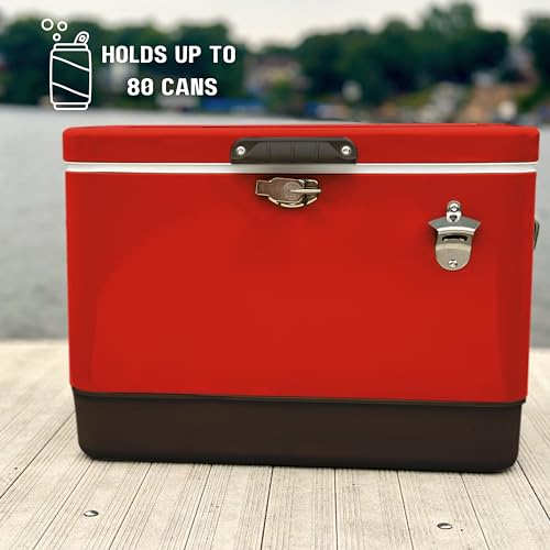 Image of FSE Hard-Sided 54 Qt. / 80 Can Metal Cooler | Durable outdoor beverage cooler with latch closure, bottle opener and side handles. Ideal for picnic or tailgate use