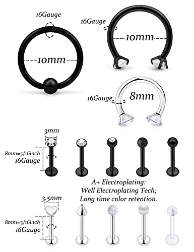 Vsnnsns 16G Lip Rings Stainless Steel Horseshoe Snake Bite Piercing Monroe Lip Rings Labret Medusa Piercing Jewelry Tragus Forward Helix Cartilage Earrings Studs Piercing Jewelry for Women Men 35PCS2