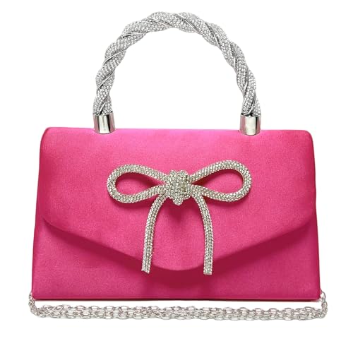 LJMBOEN Women Evening Bag Sparkly Bow Clutch Purses Wedding Glitter Rhinestone Clutch Bags Dressy Handbags for Party, Prom (Hot Pink)