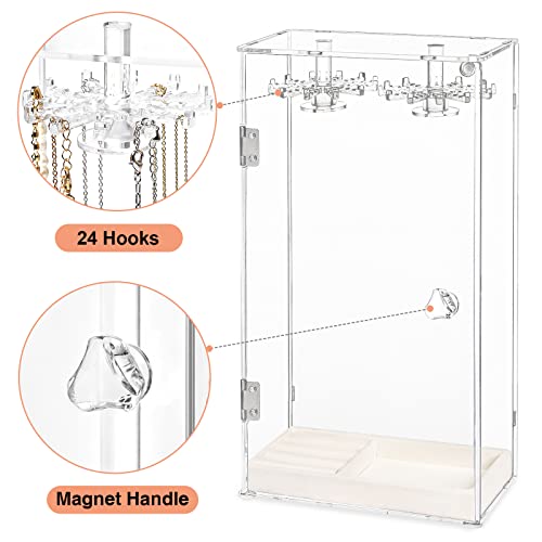 Necklace Holder, Acrylic Jewelry Organizer with 24 Hooks, Rotation Clear Necklaces Pendant Display Case Stand, Dust-proof Velvet Tray Hanging Rack Storage for Earrings Rings2