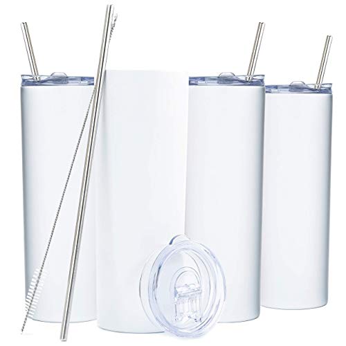 SKINNY TUMBLERS (4 pack) 20oz Stainless Steel Double Wall Insulated Tumblers with Lids and Straws | Skinny Travel Mug, Straw Cleaner INCLUDED! Reusable Cup With Straw | Vinyl DIY Gifts (Matte White)