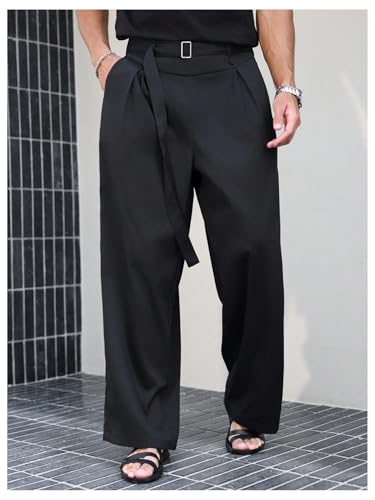 GORGLITTER Men's Baggy Dress Pants Wide Leg Pleated Trousers Belted Chino Pants with Pockets4