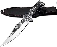 Faca Artesanal Damasco com Bainha, Inox e Madeira, 27cm Comprimento Total, Lâmina 15cm, para Culinária Profissional