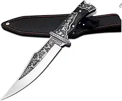 Faca Artesanal Damasco com Bainha, Inox e Madeira, 27cm Comprimento Total, Lâmina 15cm, para Culinária Profissional