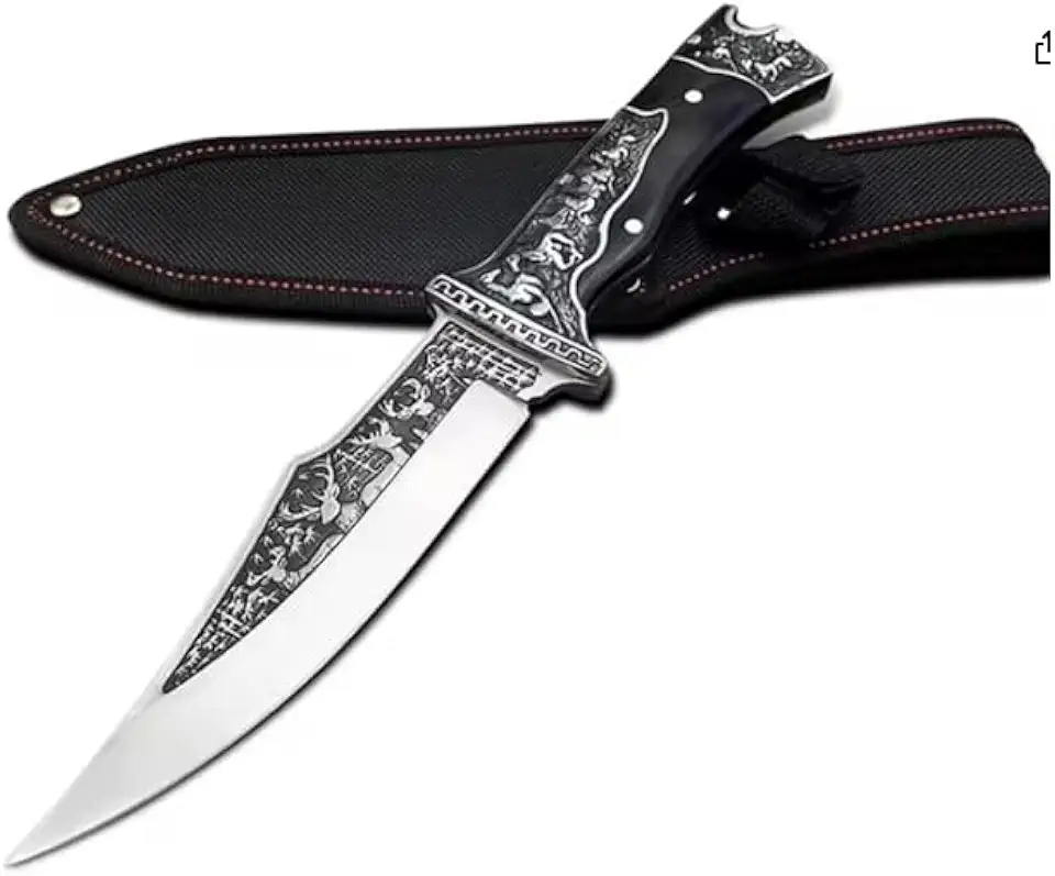 Faca Artesanal Damasco com Bainha, Inox e Madeira, 27cm Comprimento Total, Lâmina 15cm, para Culinária Profissional