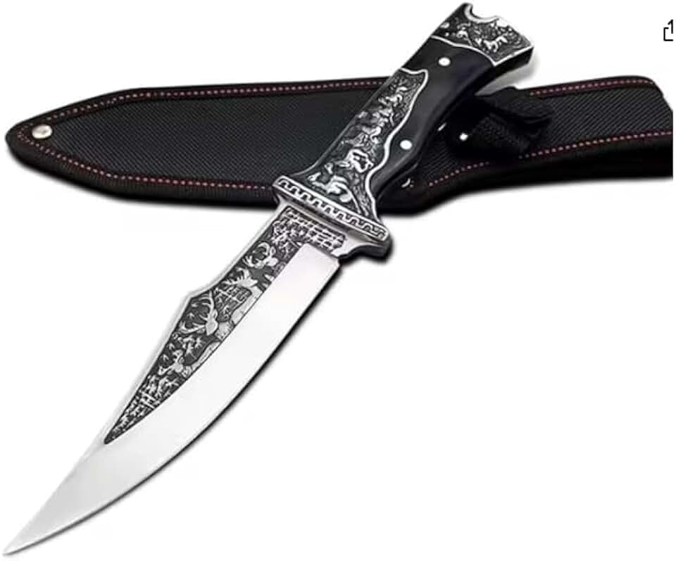 Faca Artesanal Damasco com Bainha, Inox e Madeira, 27cm Comprimento Total, Lâmina 15cm, para Culinária Profissional