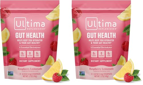 Image of Ultima Replenisher Gut Health Supplement and Electrolytes Powder - Raspberry Lemonade, 14 Stickpacks - Hydration Packets with Added Gut Health Benefits (Pack of 2)