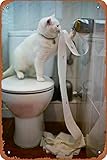 トイレシートで遊ぶ猫 トイレットペーパーで遊ぶ 面白い かわいい ペット バスルーム アート 写真 装飾 キュービクル ロッカー ミニメタル ブリキ看板 部屋のもの 壁の装飾サイン 8x12インチ