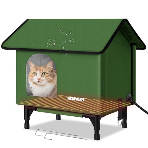 REAPALOT Heated Cat House for Outside Cat in Winter, Insulated Outdoor Feral Cat Shelter with Cat Heating Pad, Elevated Heated Kitty House, 100% Waterproof and Windproof - M